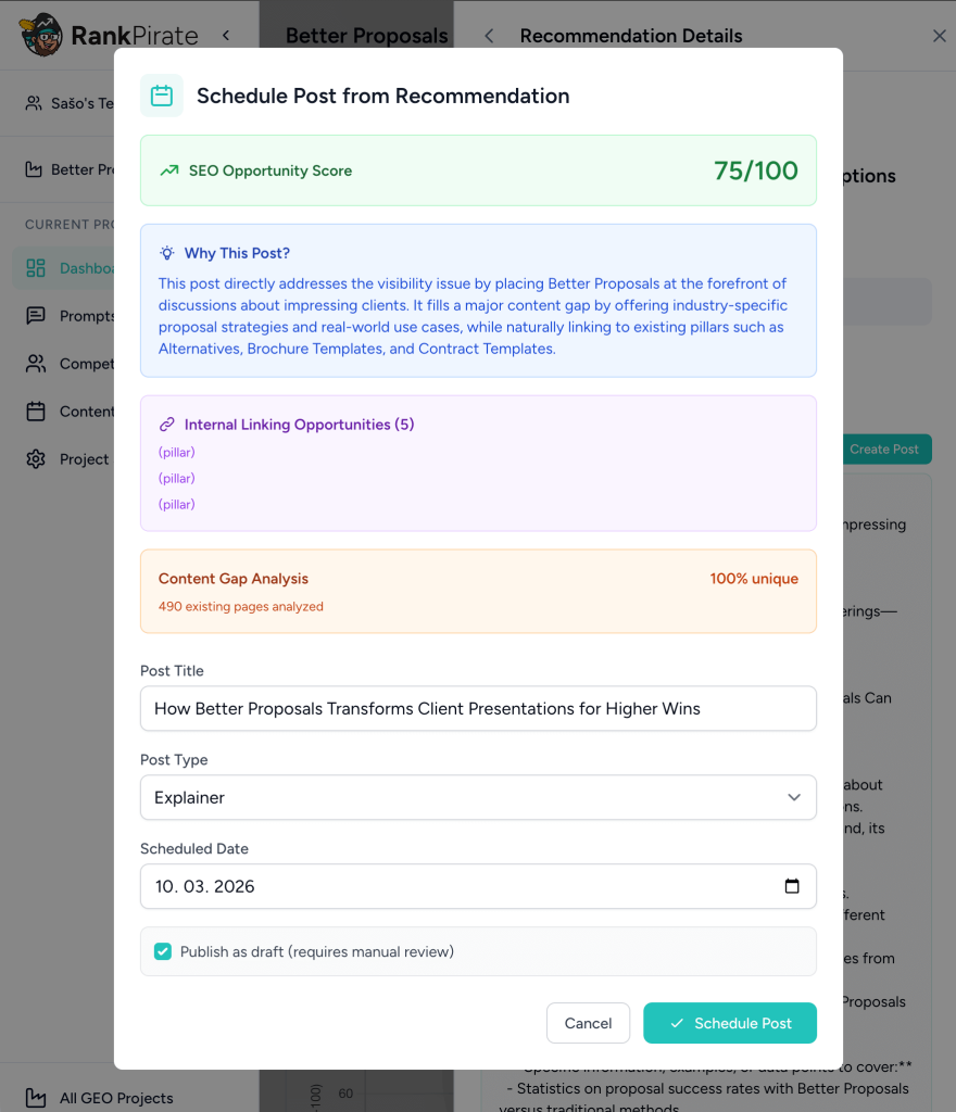 Schedule a post from recommendations in RankPirate